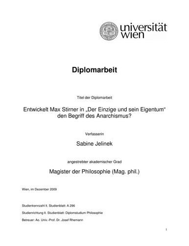 Sabine Jelinek: Entwickelt Max Stirner in „Der Einzige und sein Eigentum“ den Begriff des Anarchismus? (Paperback, German language, 2009, Universität Wien)