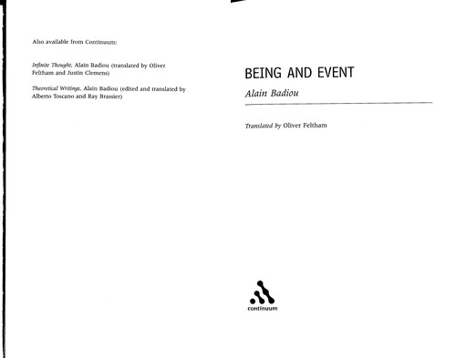 Alain Badiou: Being and event (2007, Continuum)
